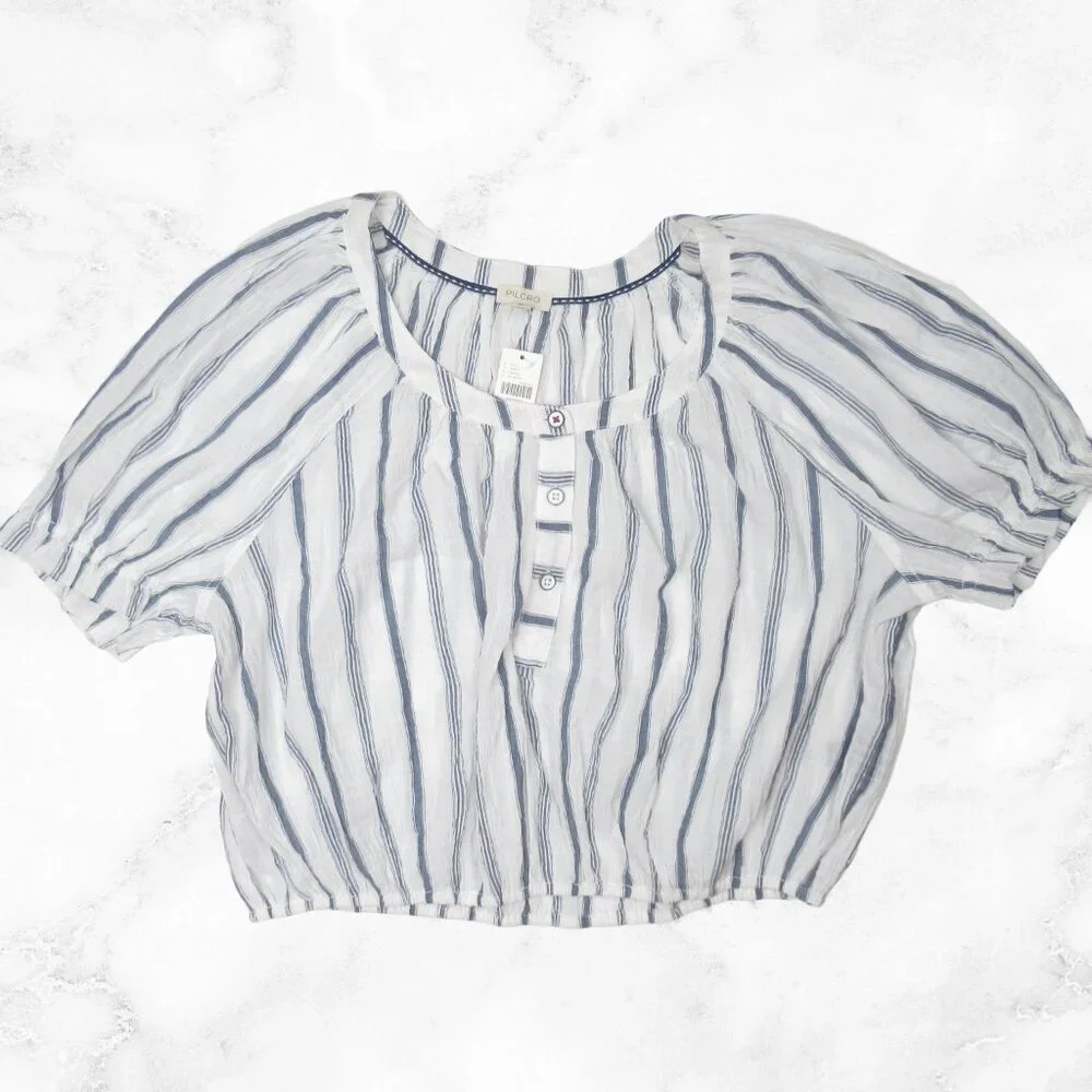 Anthropologie Pilcro Puff-Sleeve Blouse White + Blue Stripe L